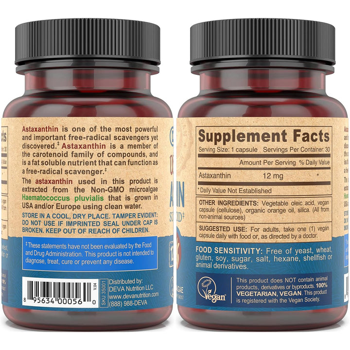 DEVA Vegan Astaxanthin label close-up highlighting purity and vegan certification.