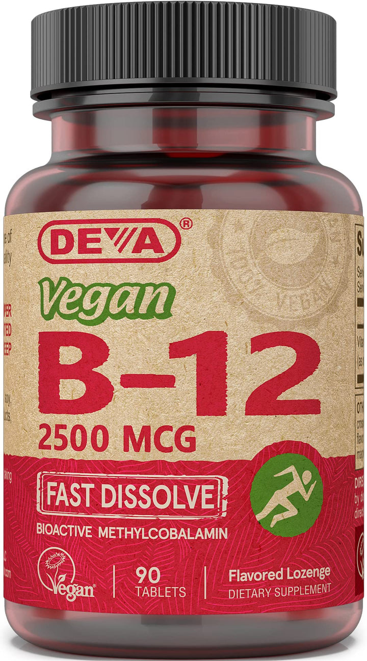 DEVA vegan B-12 sublingual tablets bottle showing vegan formula for daily energy support.