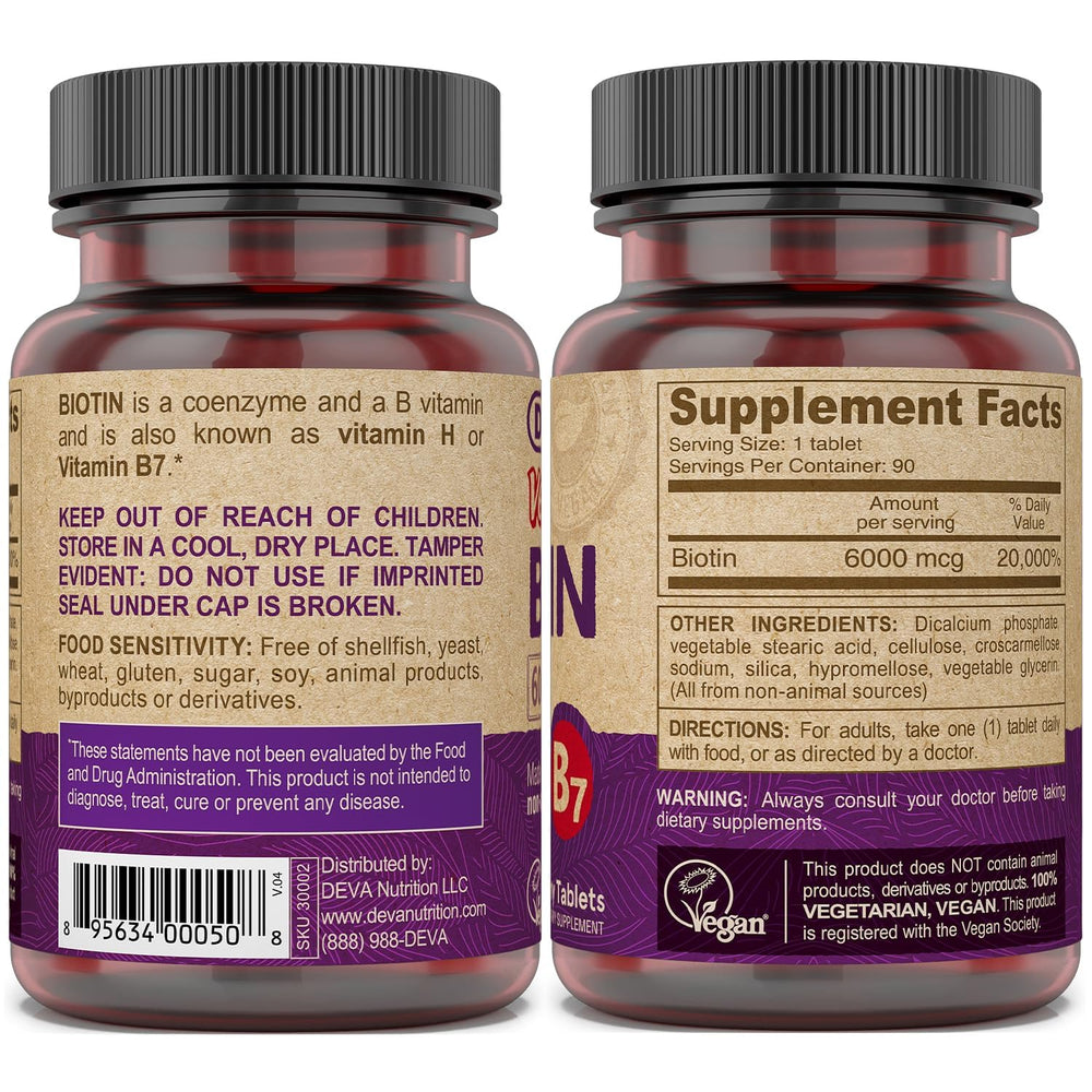 DEVA vegan biotin 6000 mcg bottle with 90-count supply.