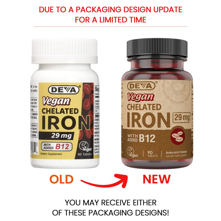 DEVA vegan chelated iron 29 mg bottle back label highlights B-12