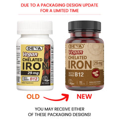 DEVA Vegan Chelated Iron tablets closeup – smooth absorption for sensitive stomachs.