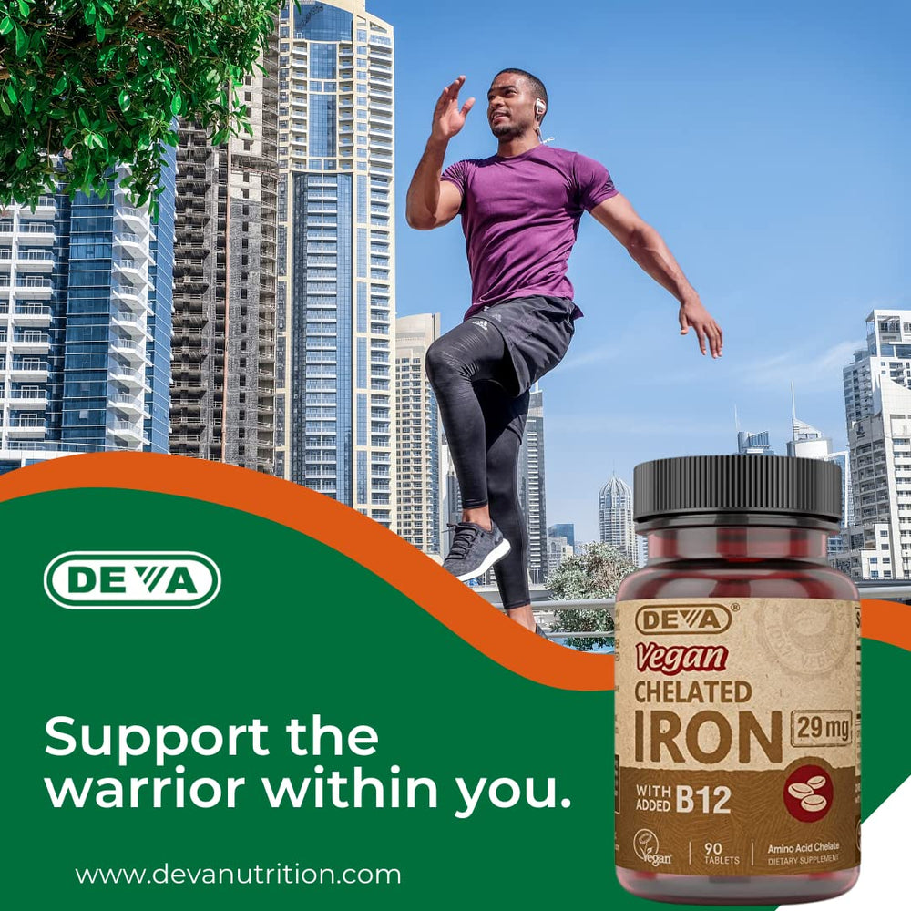 DEVA Vegan Chelated Iron tablets pour – easy dosing for daily health routine.