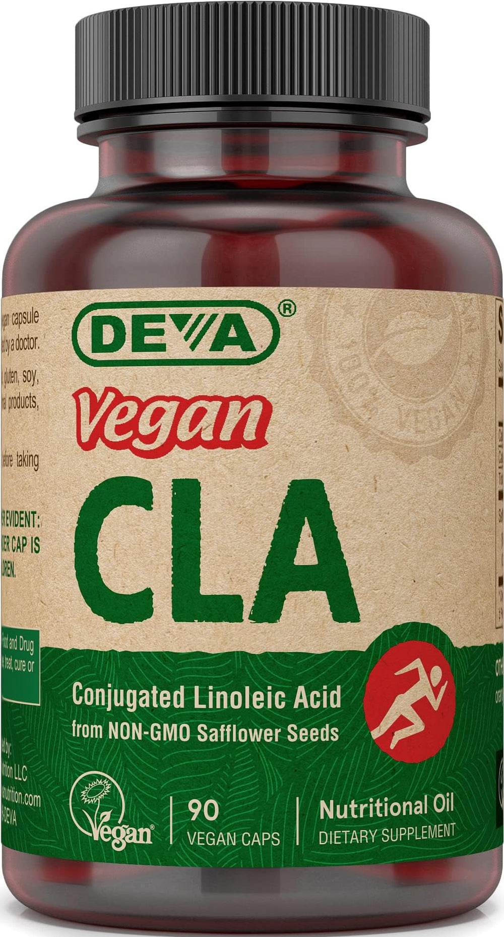 DEVA vegan CLA capsules bottle highlighting plant-based nutrition for vegan diets.