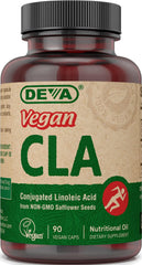 DEVA vegan CLA capsules bottle highlighting plant-based nutrition for vegan diets.