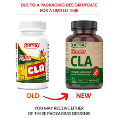 Close-up of DEVA CLA capsules pouring from bottle for easy daily use.