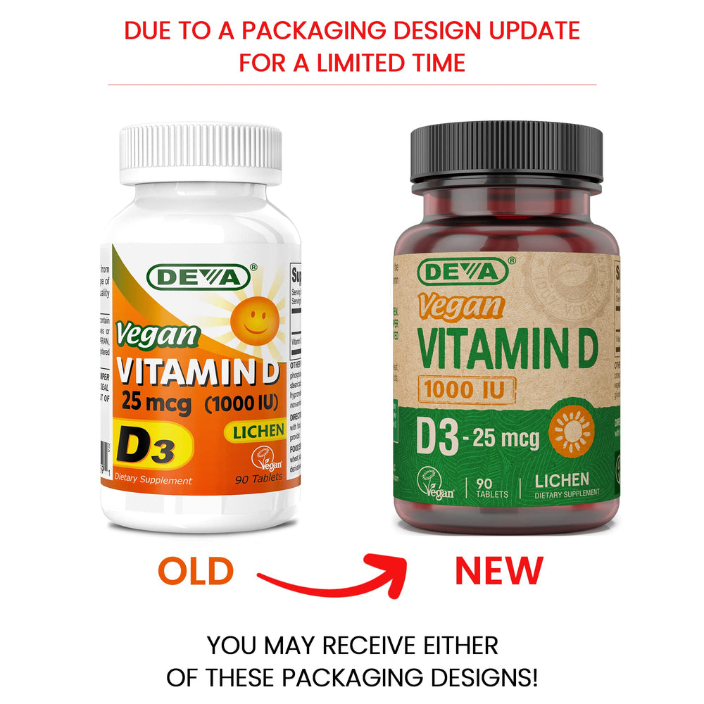 DEVA vegan D3 bottle front shows 90 tablets for convenient daily supplementation.