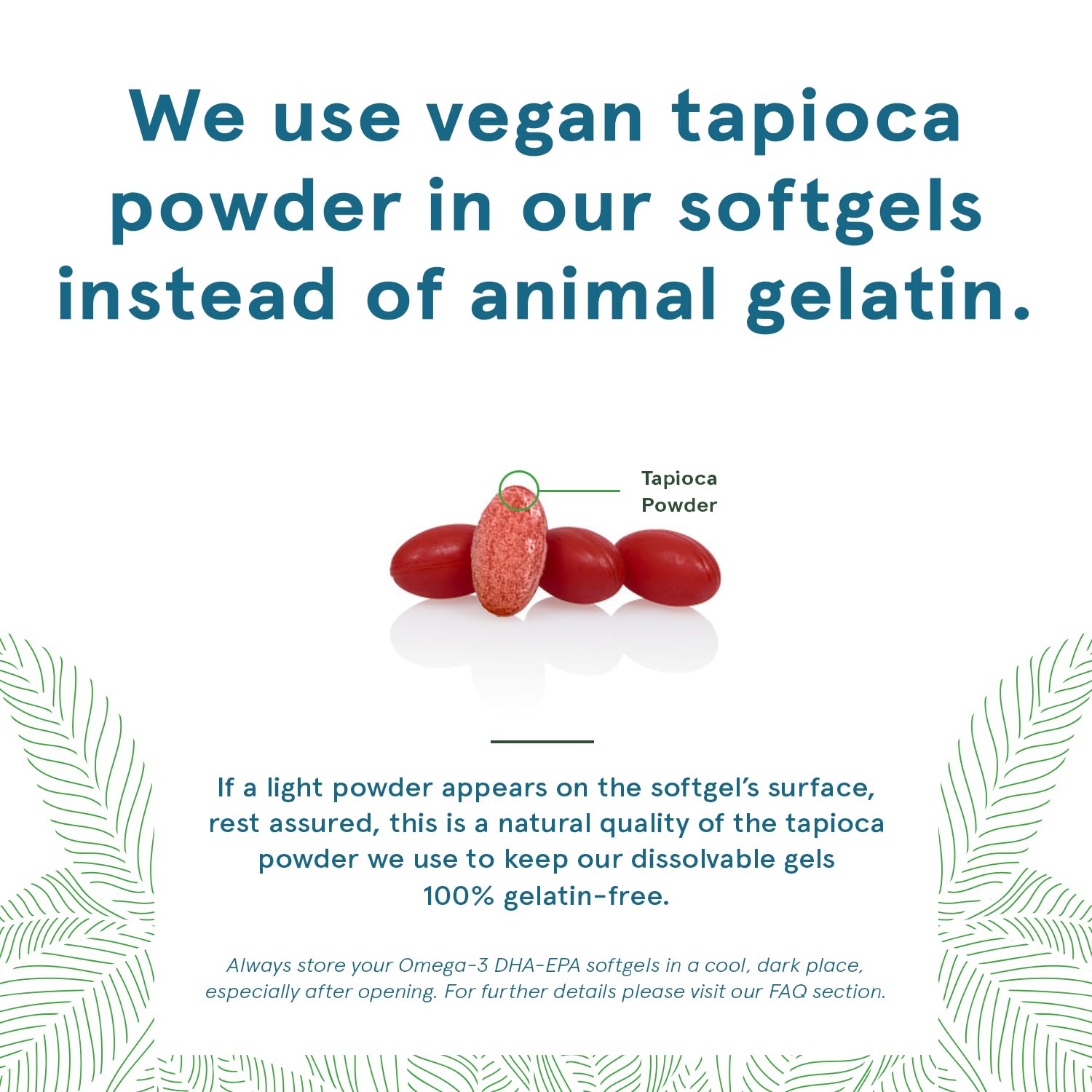 Closeup of DEVA softgels showing non fish taste and gluten-free formulation