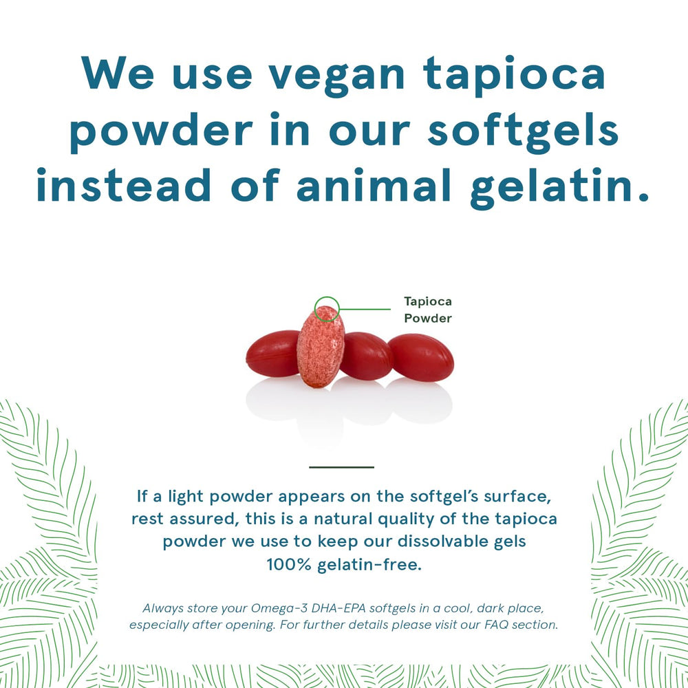 Closeup of DEVA softgels showing non fish taste and gluten-free formulation