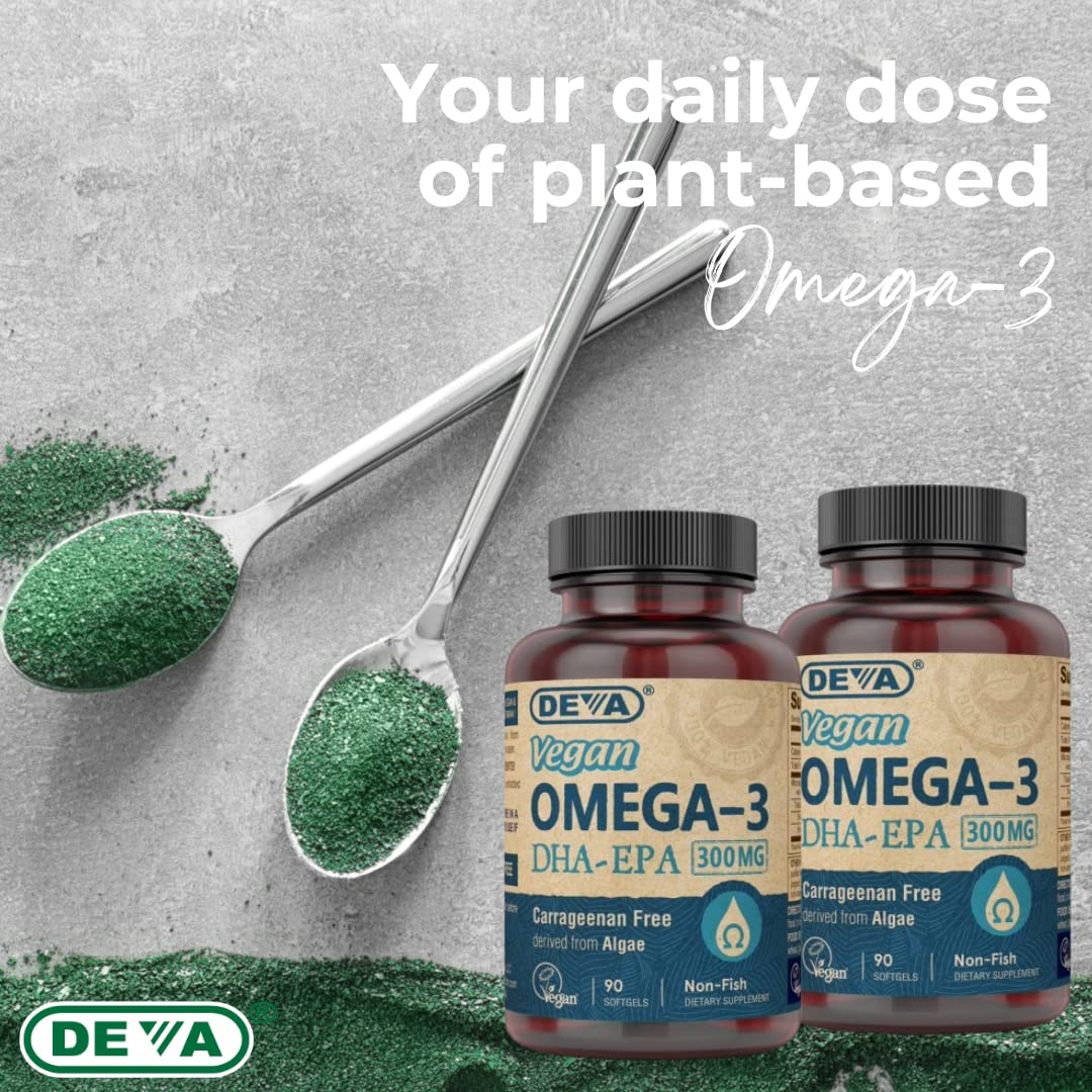 DEVA vegan-friendly softgels showing plant-based DHA EPA for vegan diets