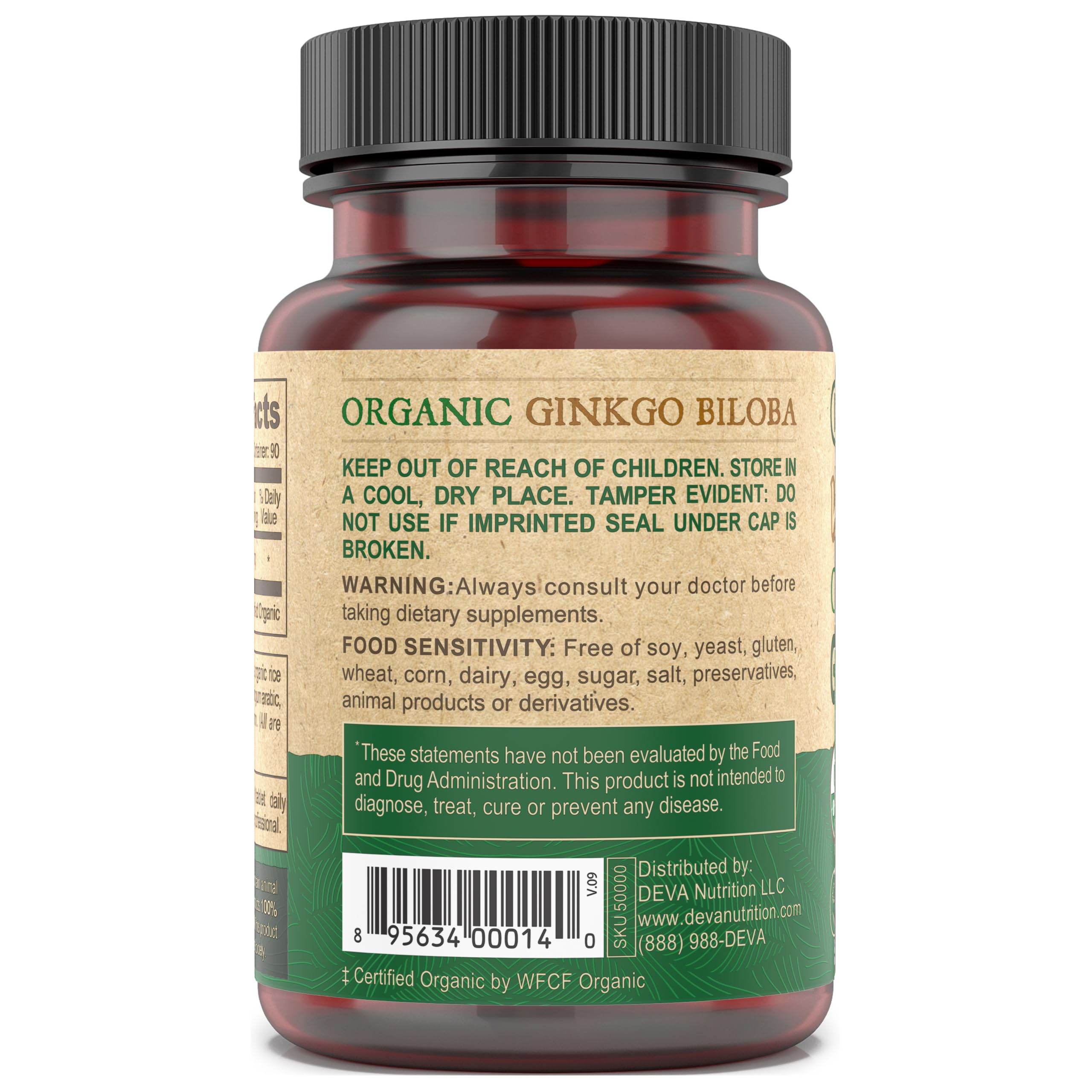 Close-up of DEVA Vegan Ginkgo Biloba tiny tablets for easy swallowing