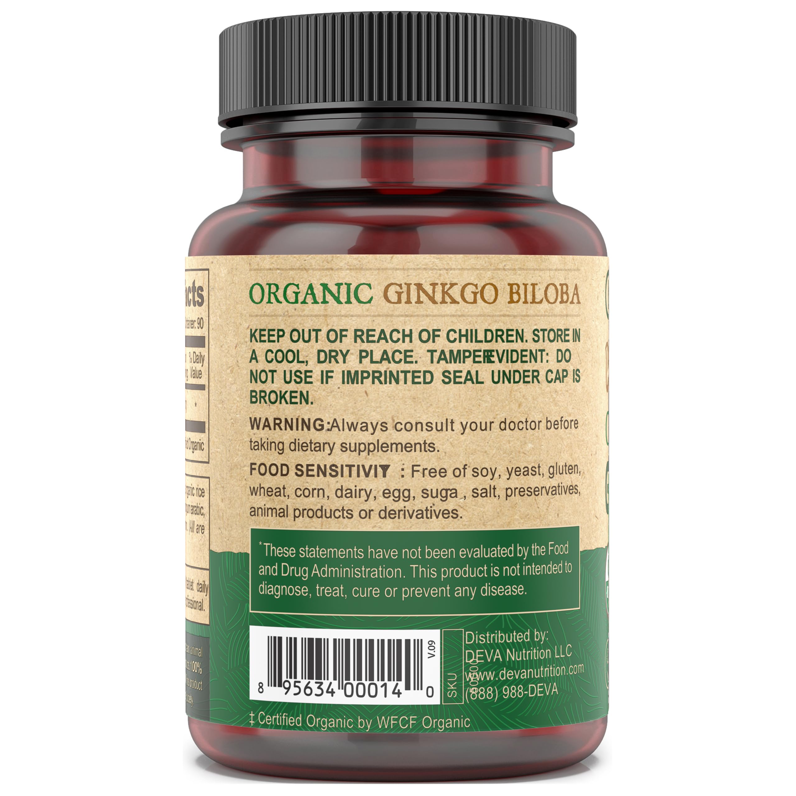 DEVA Vegan Ginkgo Biloba vegan certification label signals ethical, animal-free sourcing.