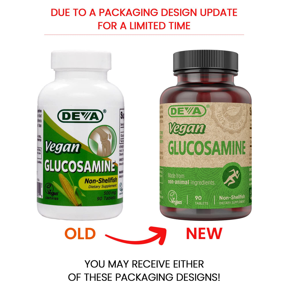 DEVA Vegan Glucosamine ingredients label, highlighting non-animal sources and non-GMO corn.