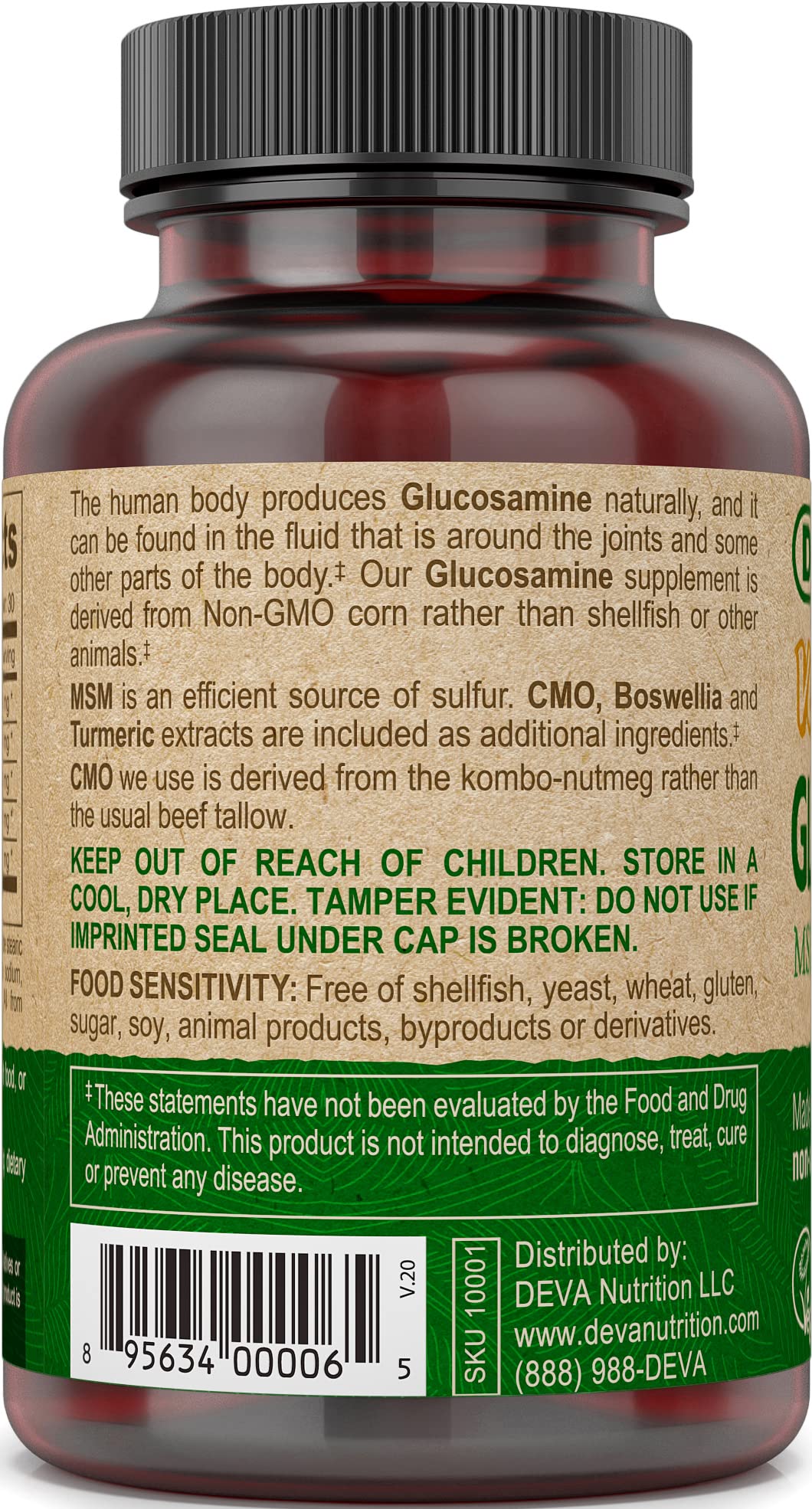 Two pack of DEVA vegan glucosamine MSM CMO turmeric bottles in view.