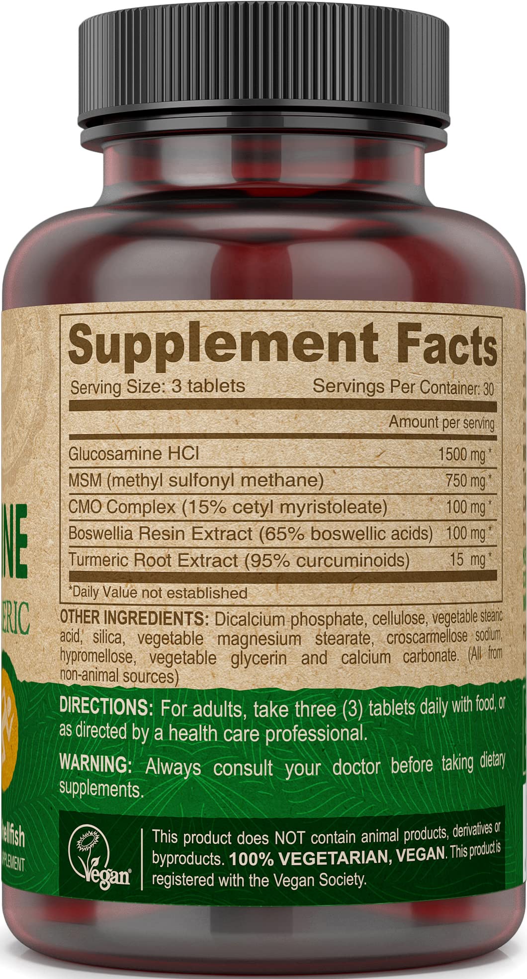 Close up of DEVA vegan glucosamine MSM CMO turmeric bottle for plant based wellness.