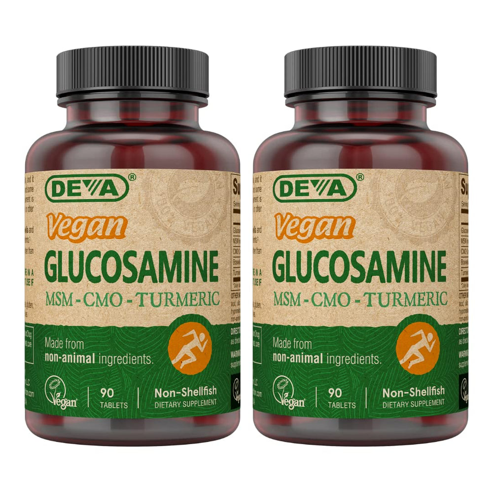 DEVA vegan glucosamine MSM CMO turmeric bottle label showing plant based nutrition.