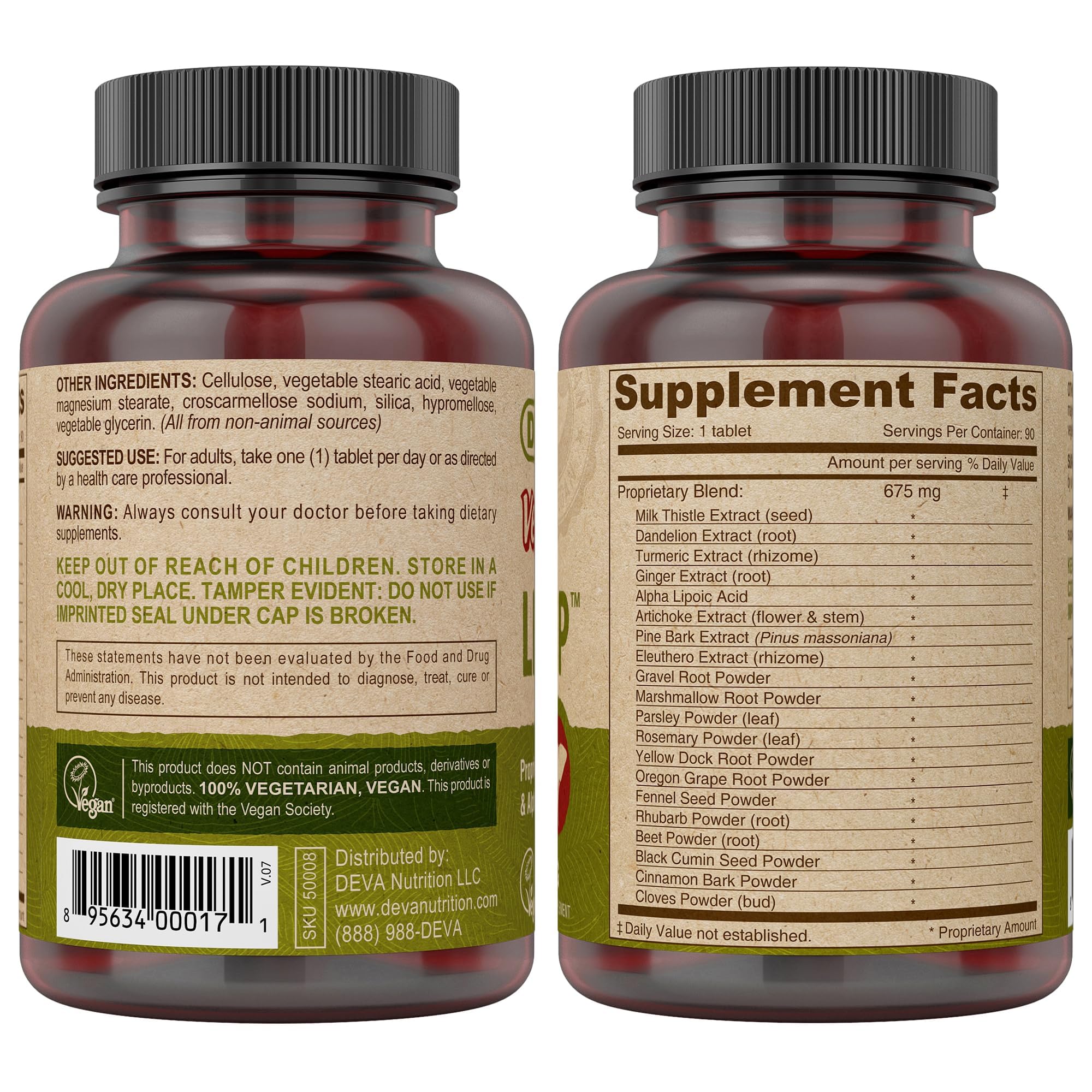 DEVA Vegan Liver Support bottle-dosage showcases simple daily use with vegan friendly formula.