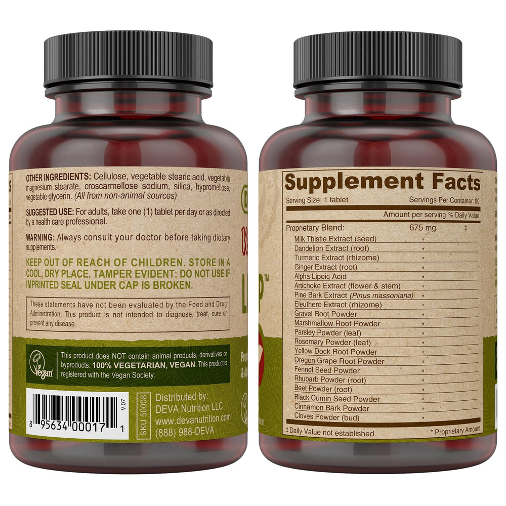 DEVA Vegan Liver Support bottle-dosage showcases simple daily use with vegan friendly formula.