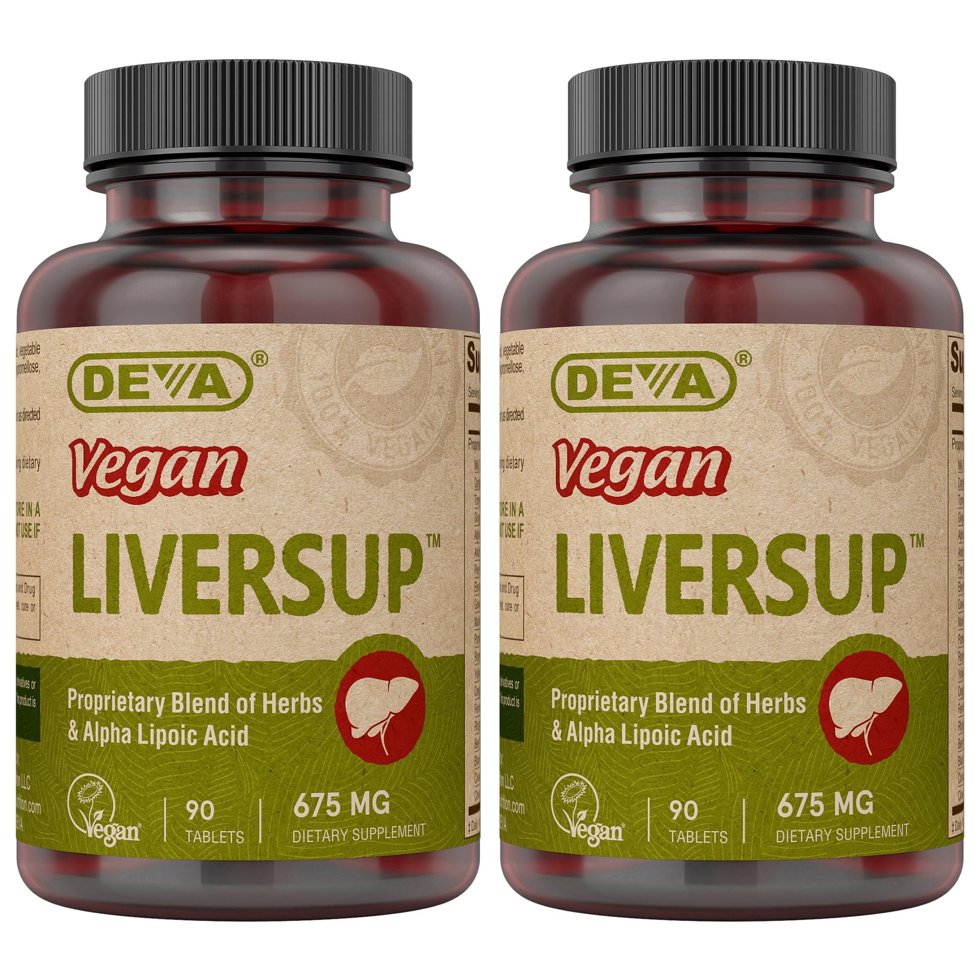 DEVA Vegan Liver Support tablets front label highlights the 20-herb blend for daily wellness.
