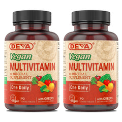 DEVA vegan multivitamin 2-pack bottle-front supports daily nutrition.