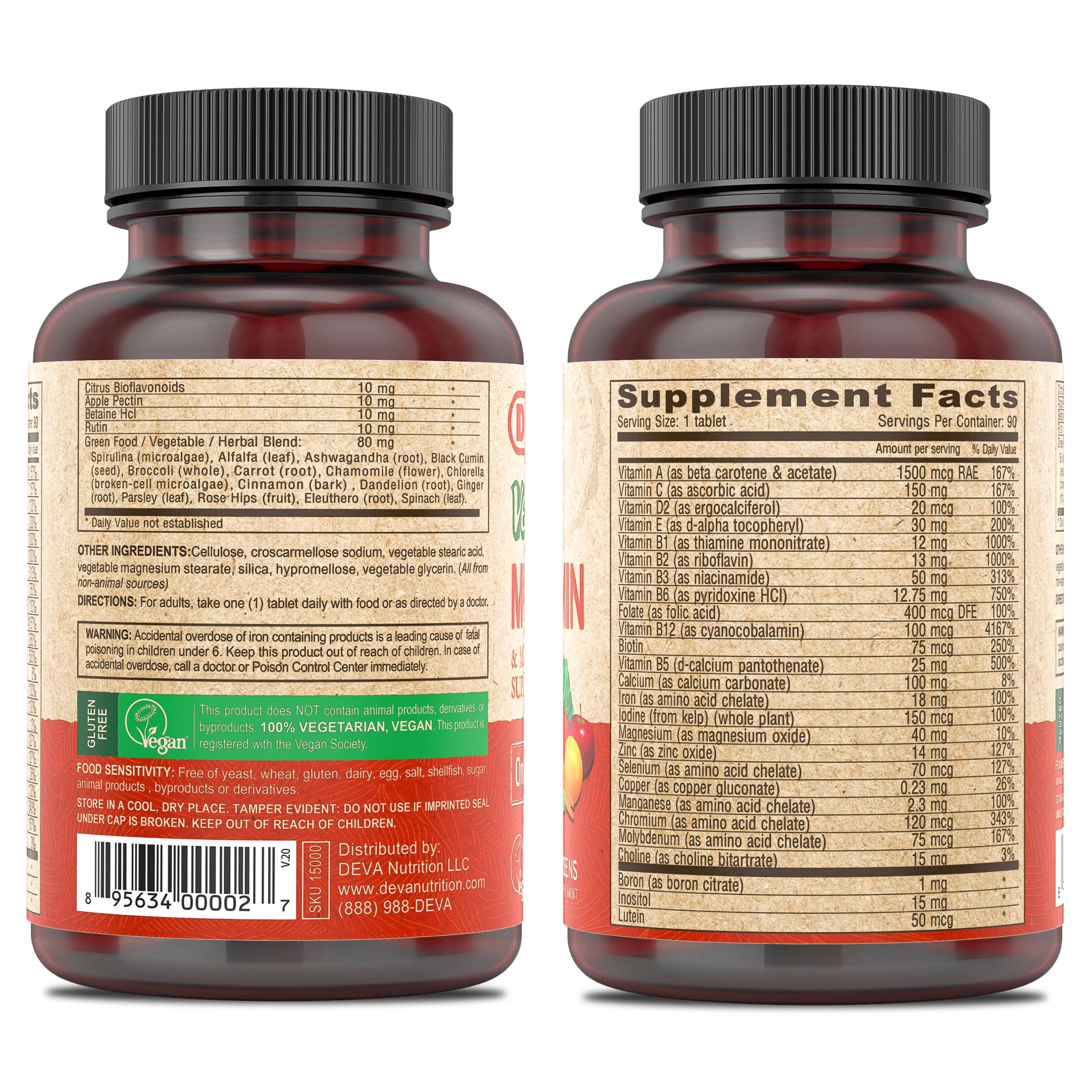 DEVA vegan multivitamin 2-pack bottle-label highlights allergen-free daily nutrition.
