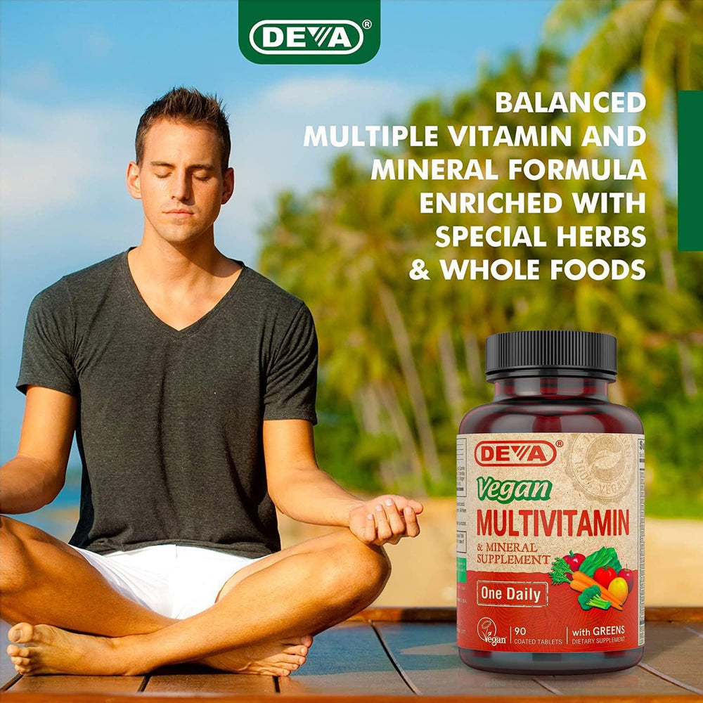 DEVA vegan multivitamin bottle in a kitchen setting
