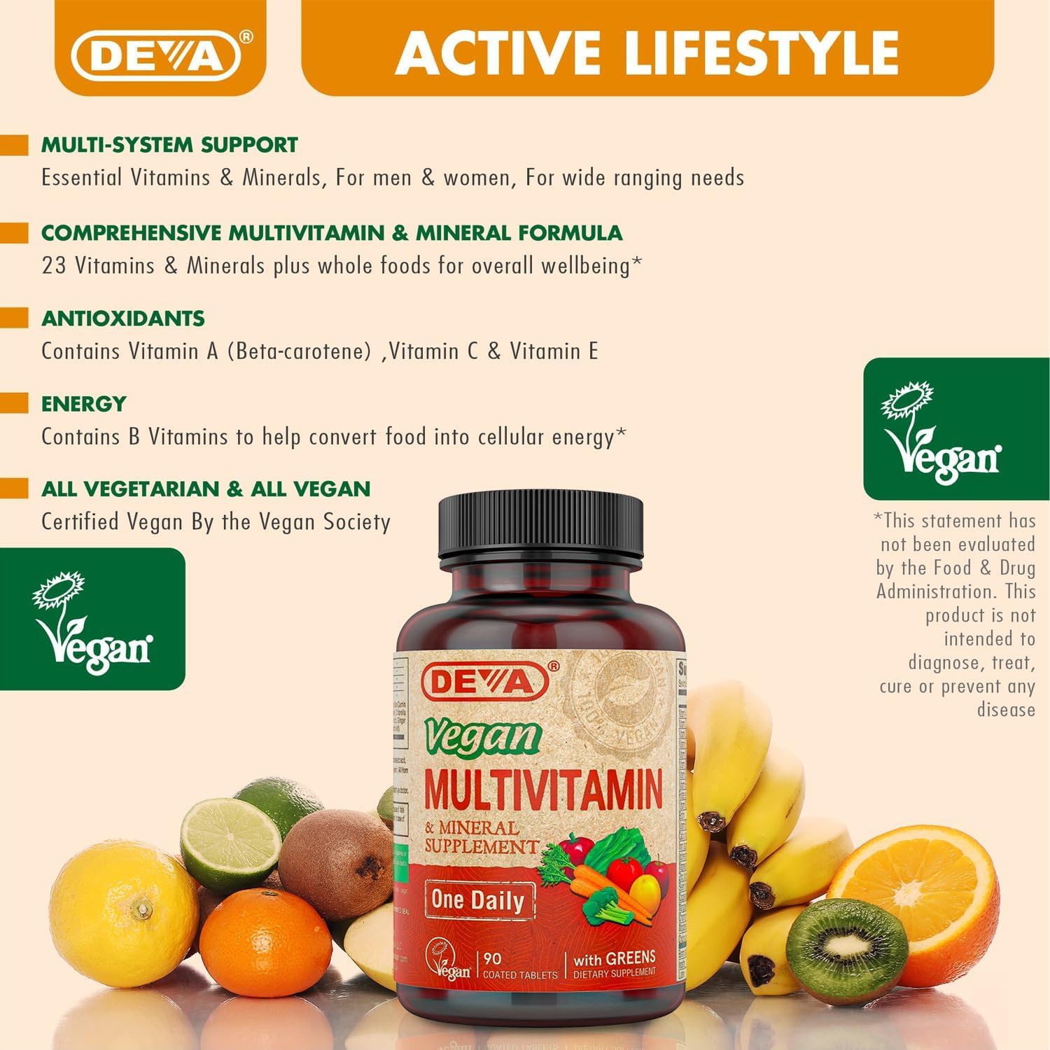 DEVA vegan multivitamin greens ingredients spotlight with colorful produce