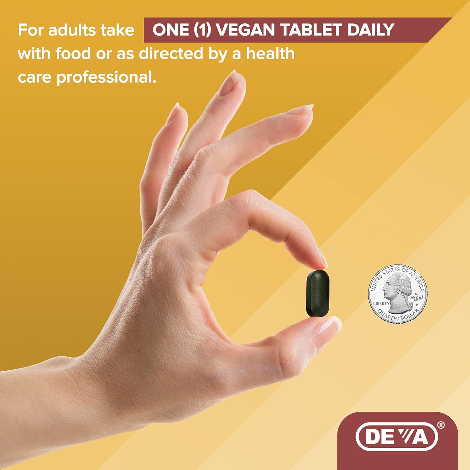 DEVA ingredients panel highlights spirulina and chlorella for plant-based nutrients.