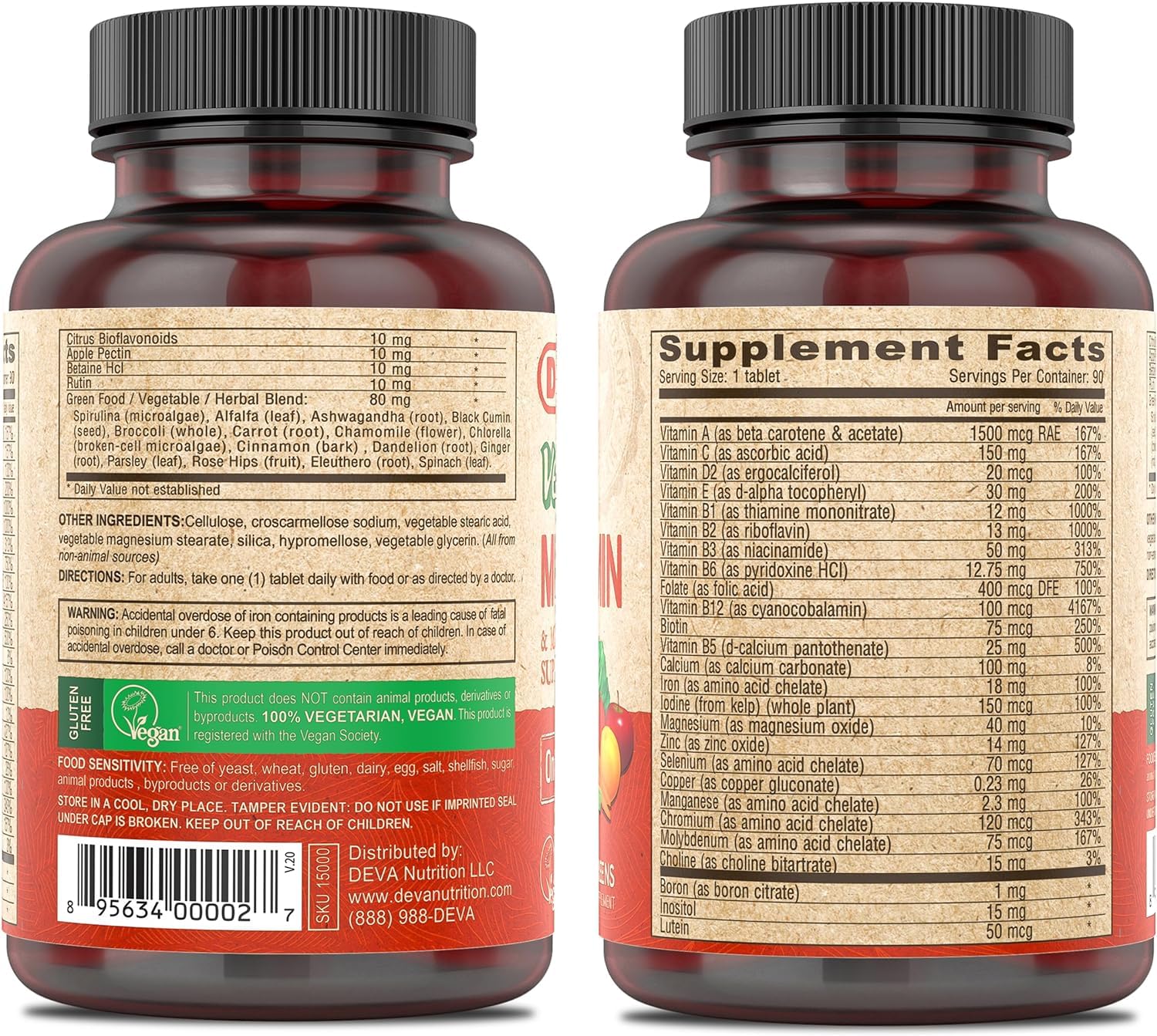 DEVA vegan multivitamin label close-up highlights key nutrients and iron.
