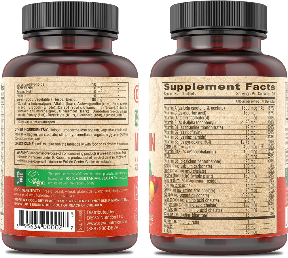 DEVA vegan multivitamin label close-up highlights key nutrients and iron.
