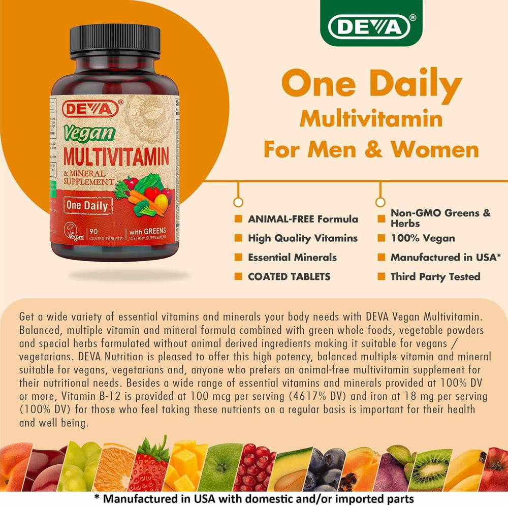 DEVA vegan multivitamin nutrition facts panel highlights essential nutrients