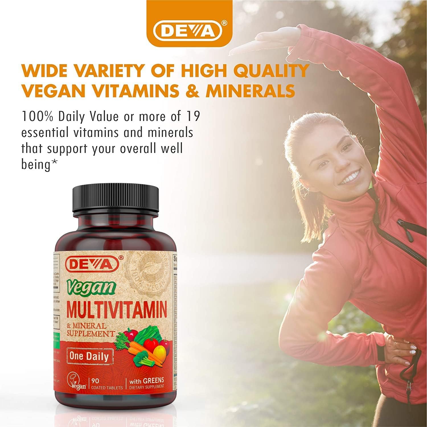 DEVA multivitamin tablet coating close-up highlights easy swallowing.