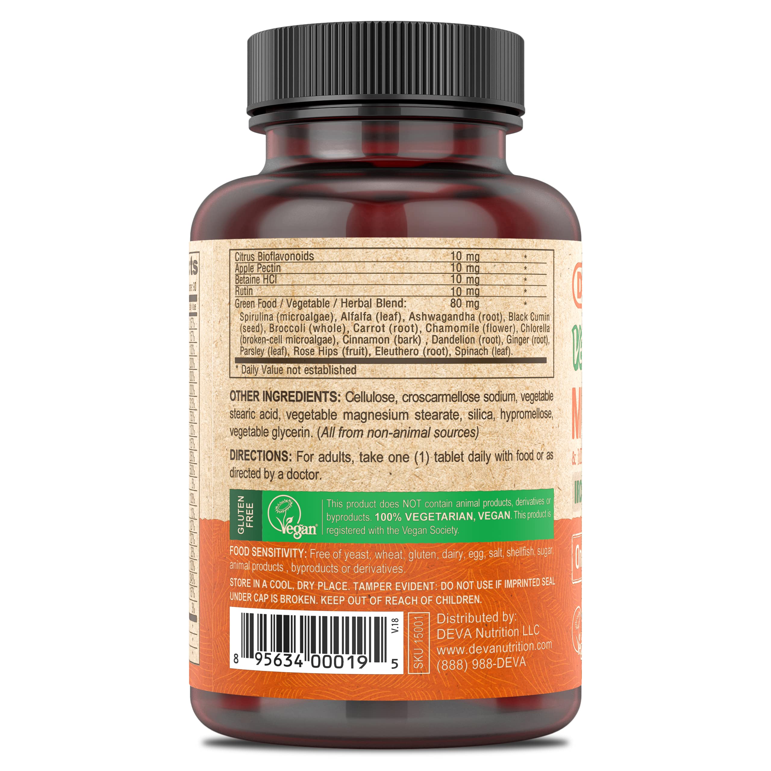 DEVA vegan multivitamin tablets with smooth coating for easy swallowing.