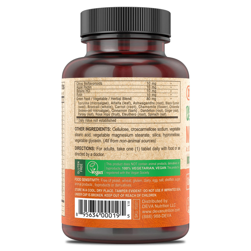 DEVA vegan multivitamin tablets with smooth coating for easy swallowing.