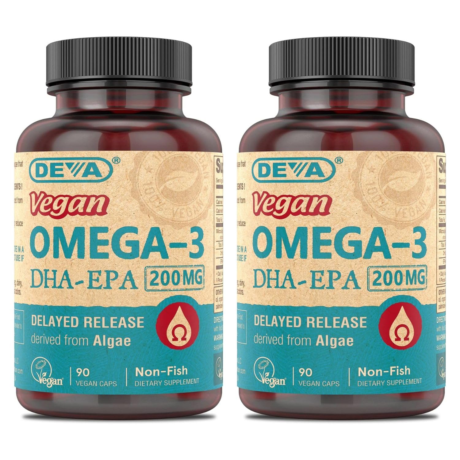 DEVA vegan Omega-3 DHA-EPA bottle with delayed-release capsules reducing aftertaste