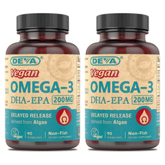 DEVA vegan Omega-3 DHA-EPA bottle with delayed-release capsules reducing aftertaste