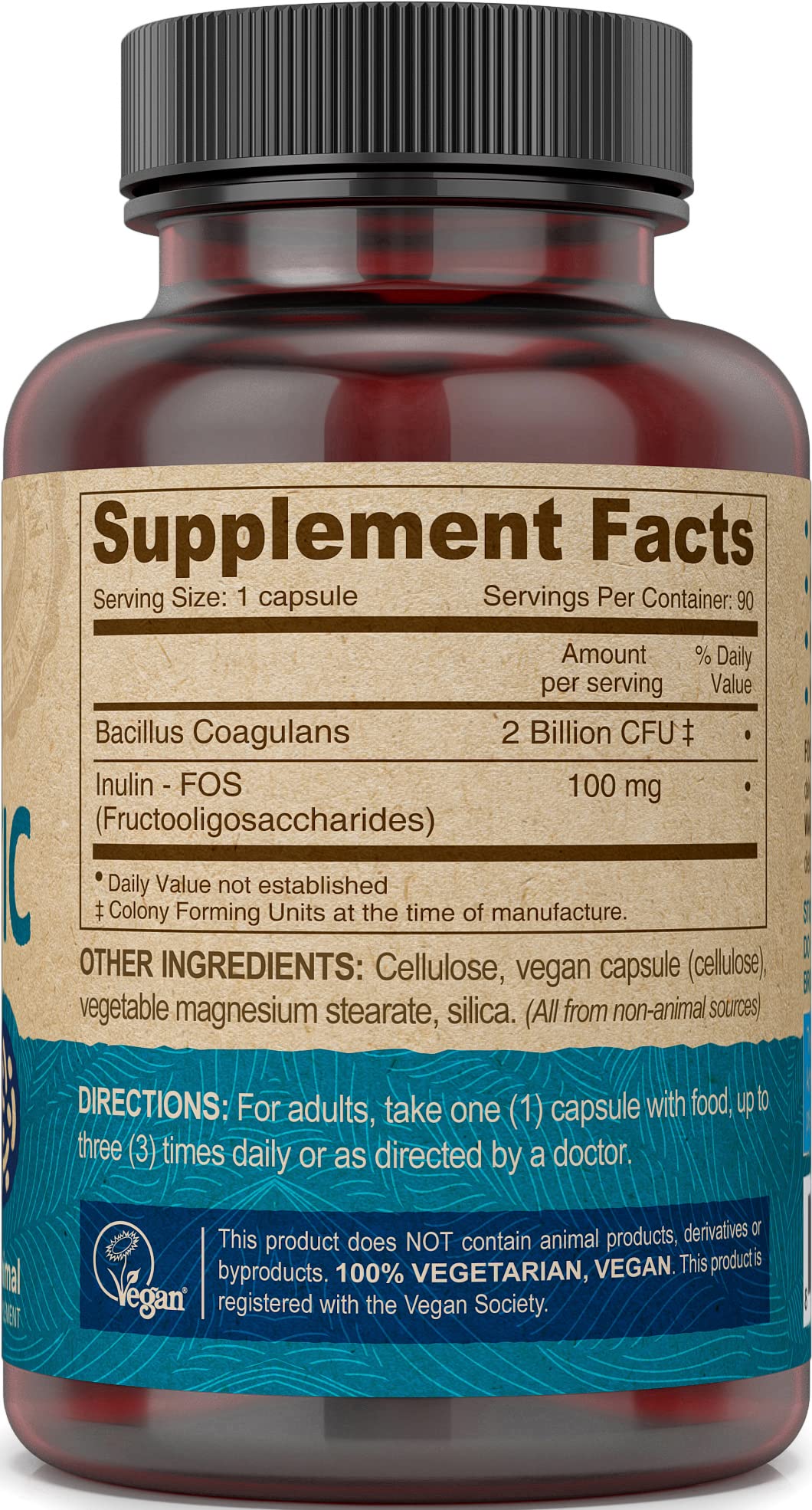 DEVA Vegan Probiotic label details show 2 Billion CFU and 100 mg FOS per serving.