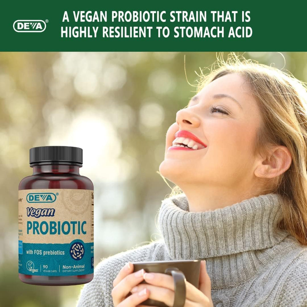 DEVA Vegan Probiotic capsules showcase non-dairy, gluten-free credentials on bottle.