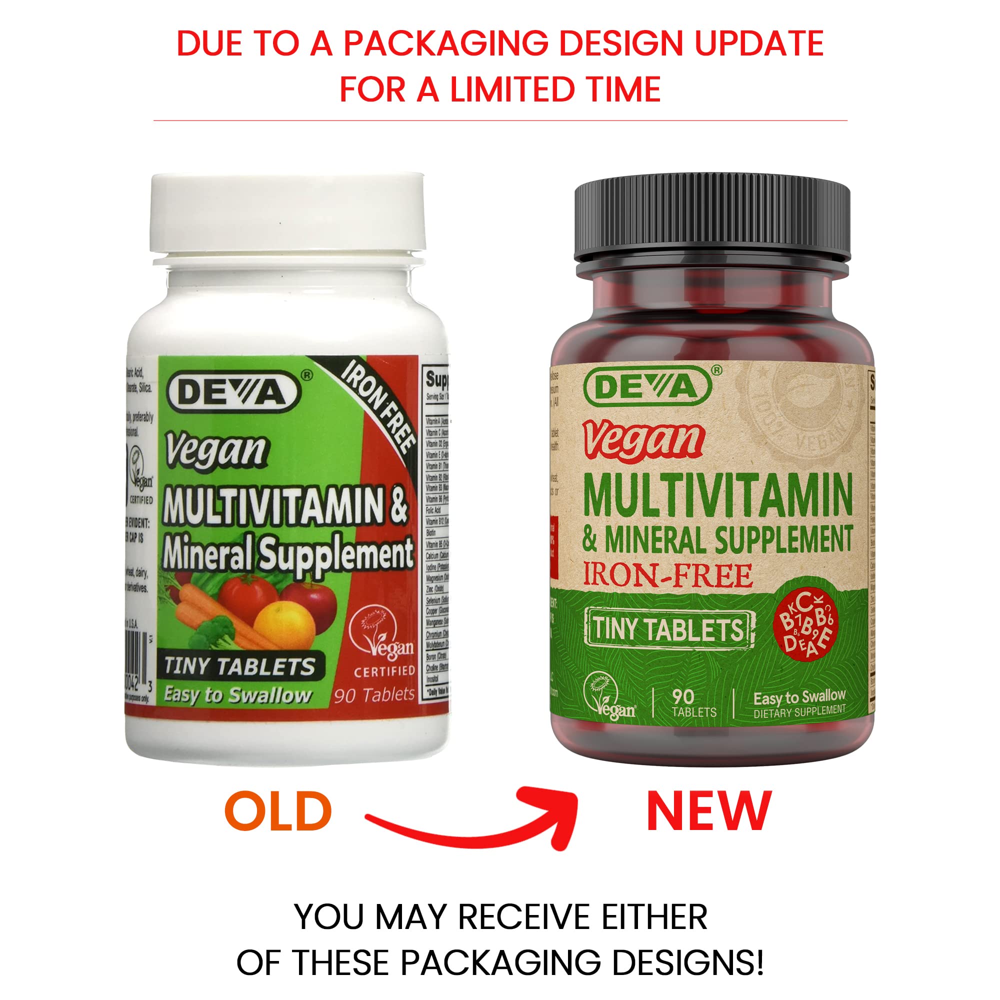 DEVA vegan tiny tablets bottle back label highlights ingredients and dosage guidance.