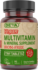 DEVA vegan tiny tablets bottle front shows compact, vegan nutrition for daily support.