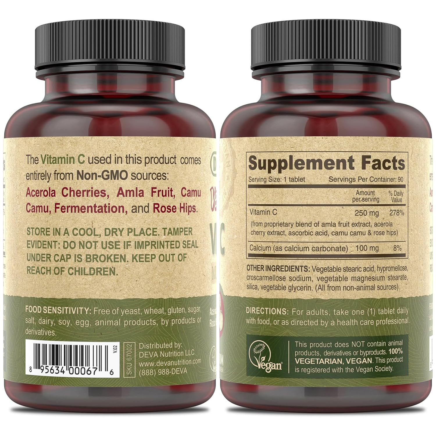 Close up of DEVA Vitamin C tablets ready for daily use.