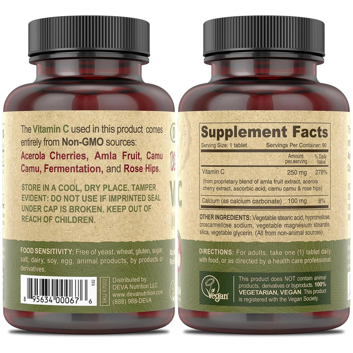 Close up of DEVA Vitamin C tablets ready for daily use.