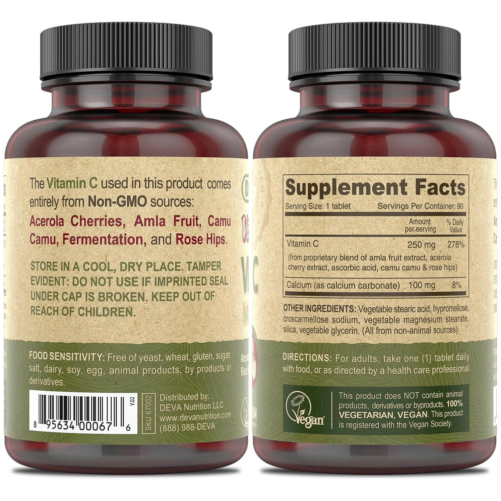 Close up of DEVA Vitamin C tablets ready for daily use.