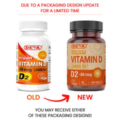 Close-up of DEVA Vitamin D2 label emphasizing vegan purity.
