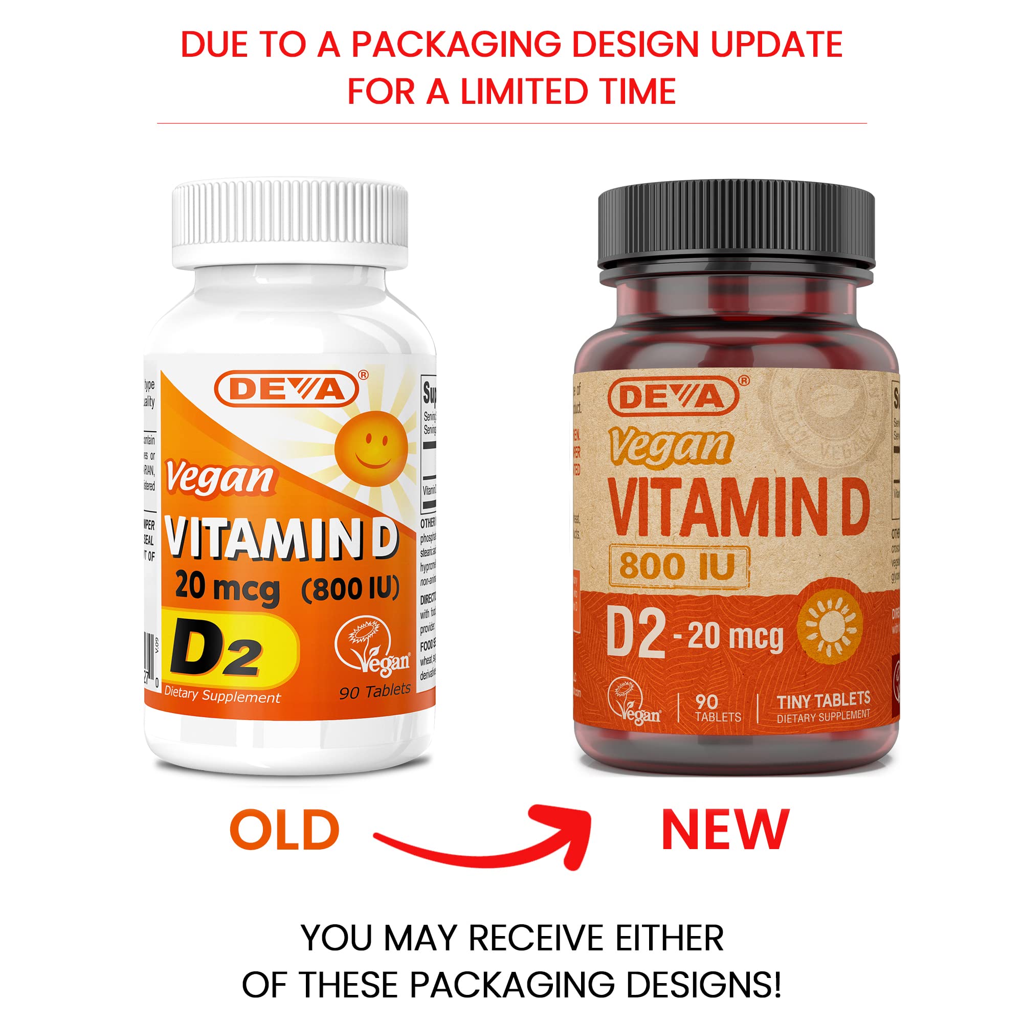 DEVA vegan Vitamin D2 800 IU packaging highlights vegan formula.