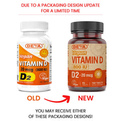 DEVA vegan Vitamin D2 800 IU packaging highlights vegan formula.
