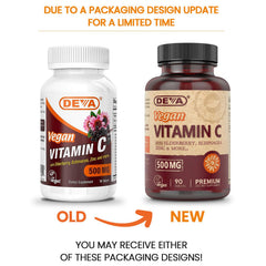 DEVA Vitamin C 500 mg bottle back with ingredient details and vegan promise