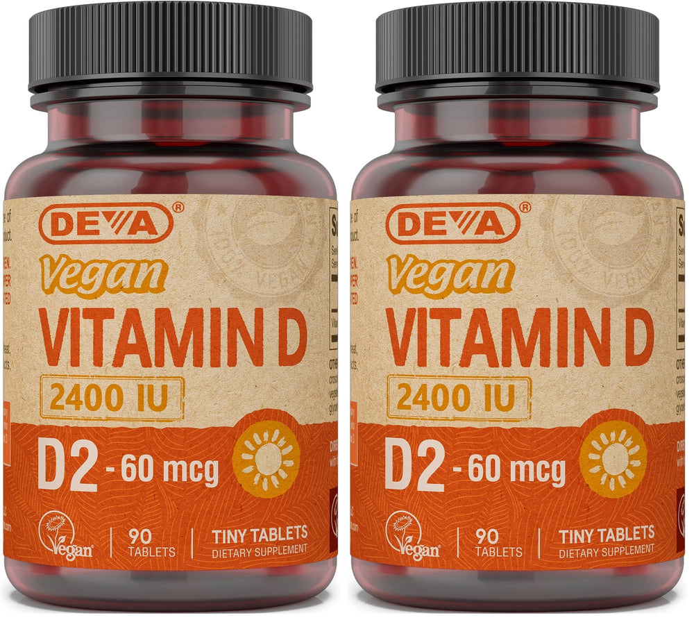 DEVA Vitamin D2 bottle pouring, 2400 IU, vegan daily supplement
