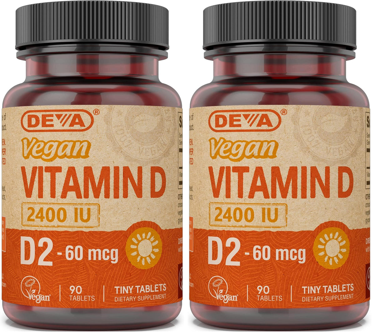 DEVA Vitamin D2 bottle pouring, 2400 IU, vegan daily supplement
