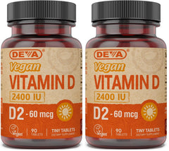 DEVA Vitamin D2 bottle pouring, 2400 IU, vegan daily supplement