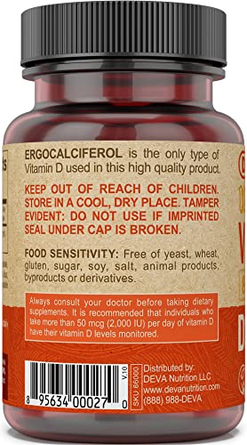 DEVA Vitamin D2 label close-up emphasizing purity and potency.